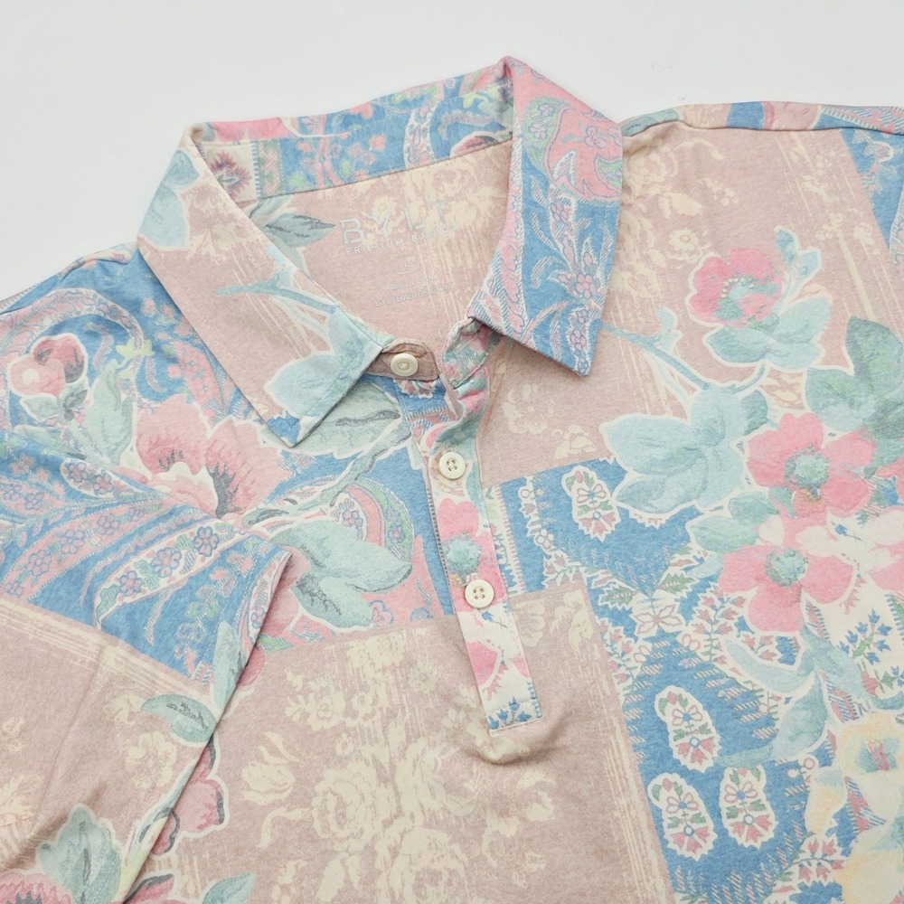 BYLT Premium Basics Men L AOP Pink/Blue Floral Paisley Polo Short Sleeve Shirt